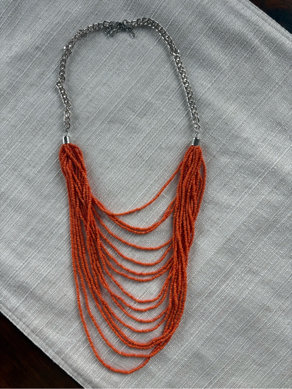 Source Unknown Orange Multi-Strand Beaded Necklace with Silver Chain